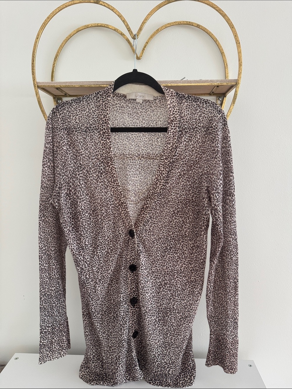 LOFT Leopard-Print Cream and Brown Button-Front Cardigan